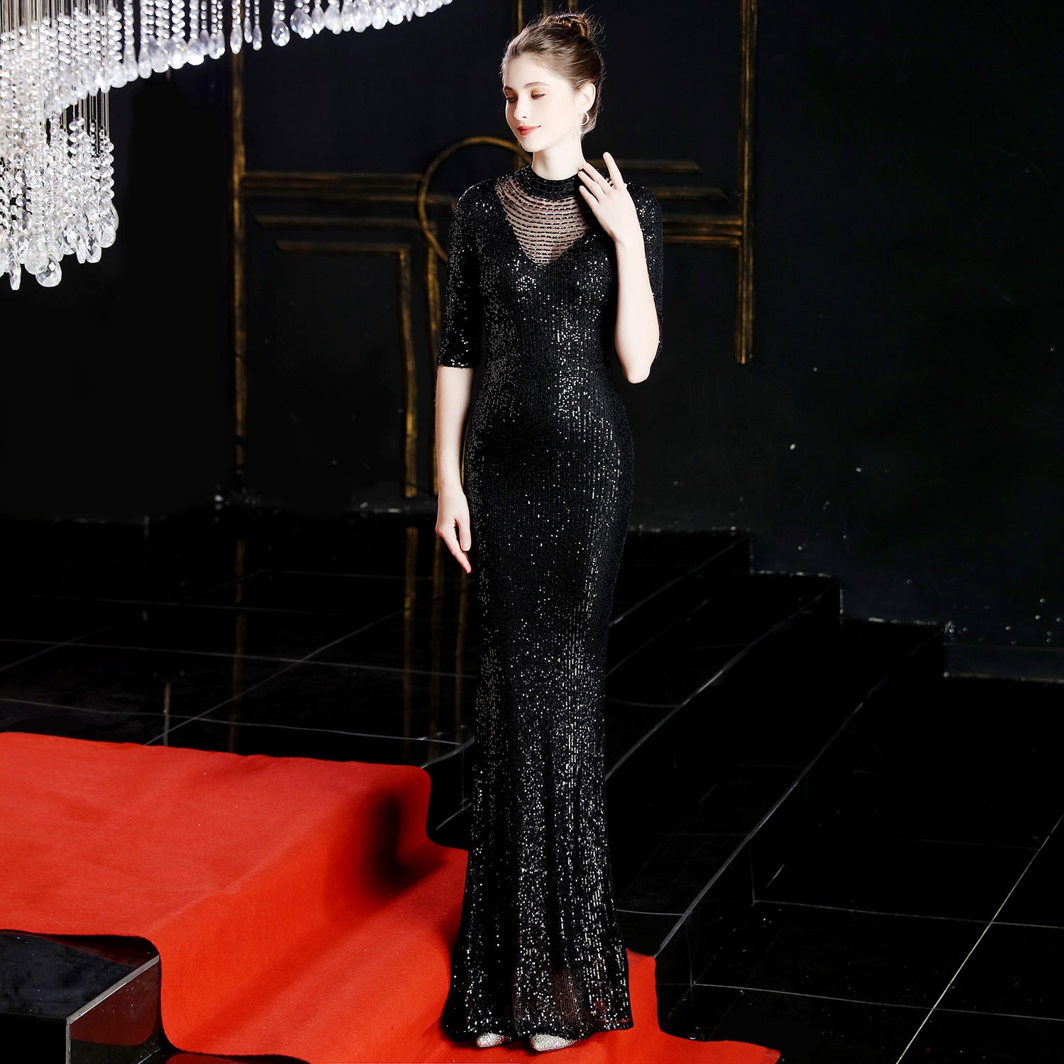 Winter Crystal Diamond Fishtail Evening Dress Long Formal Gown for Women