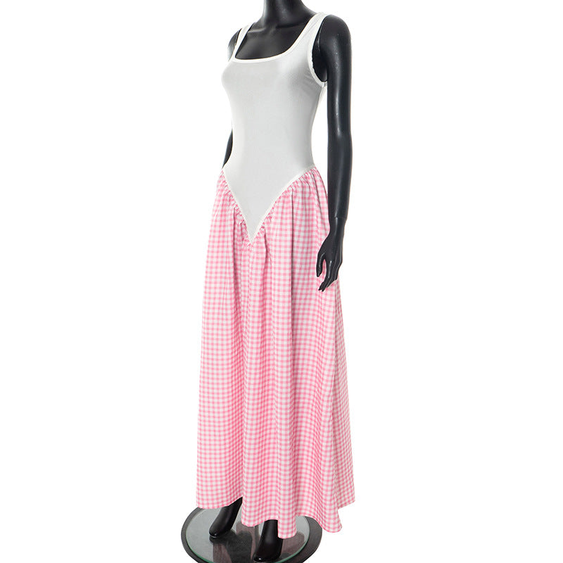 Solid Color Patchwork Plaid Print Sleeveless Loose Long Dress 9