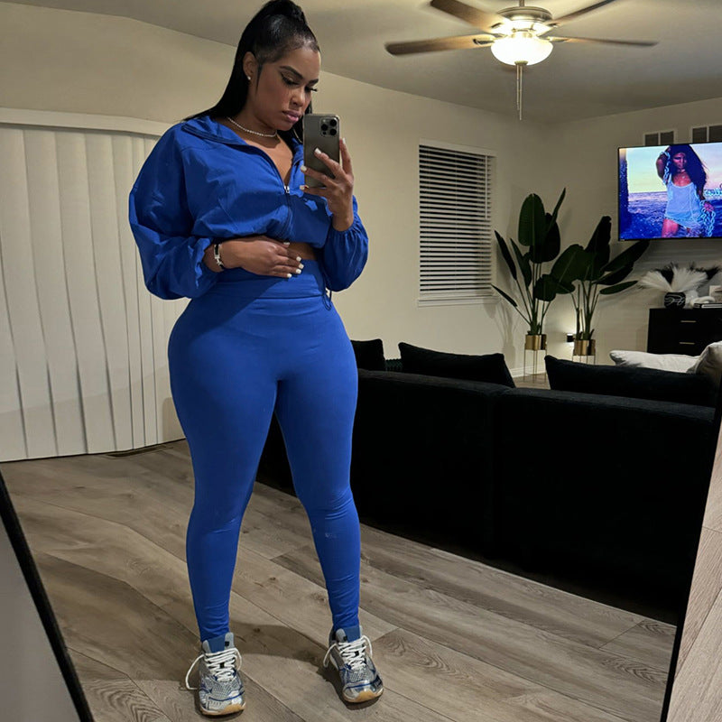 Spring And Autumn Sexy Drawstring Slim Waist Crop Top High Waist Tight Fitting Trousers Two Piece Set 13