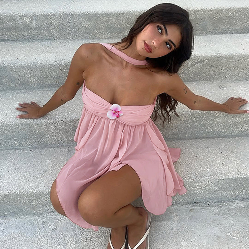 Autumn Women's Sexy Halter Neck Low Back Mesh Patchwork Floral Embellished Top 7