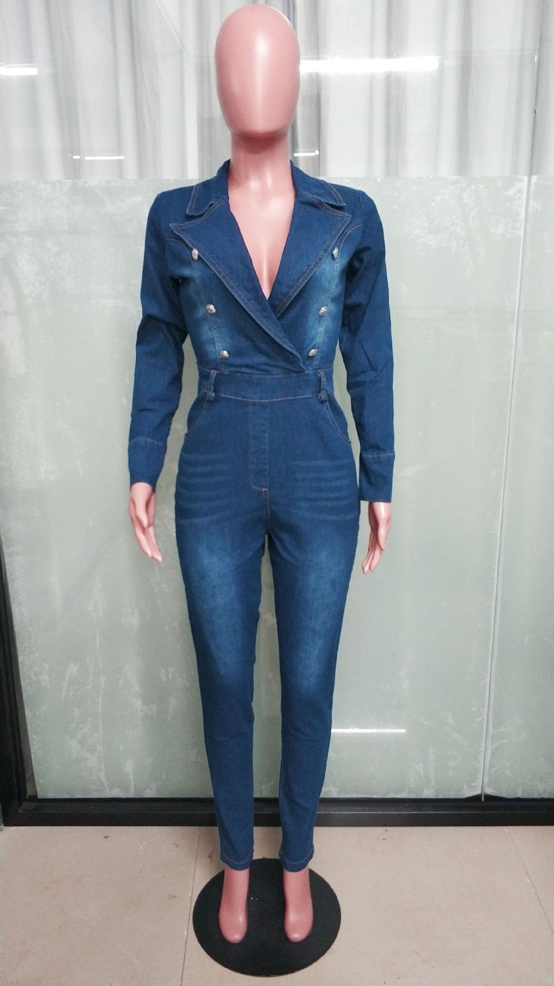 Women Turndown Collar Button Denim Jumpsuit 8