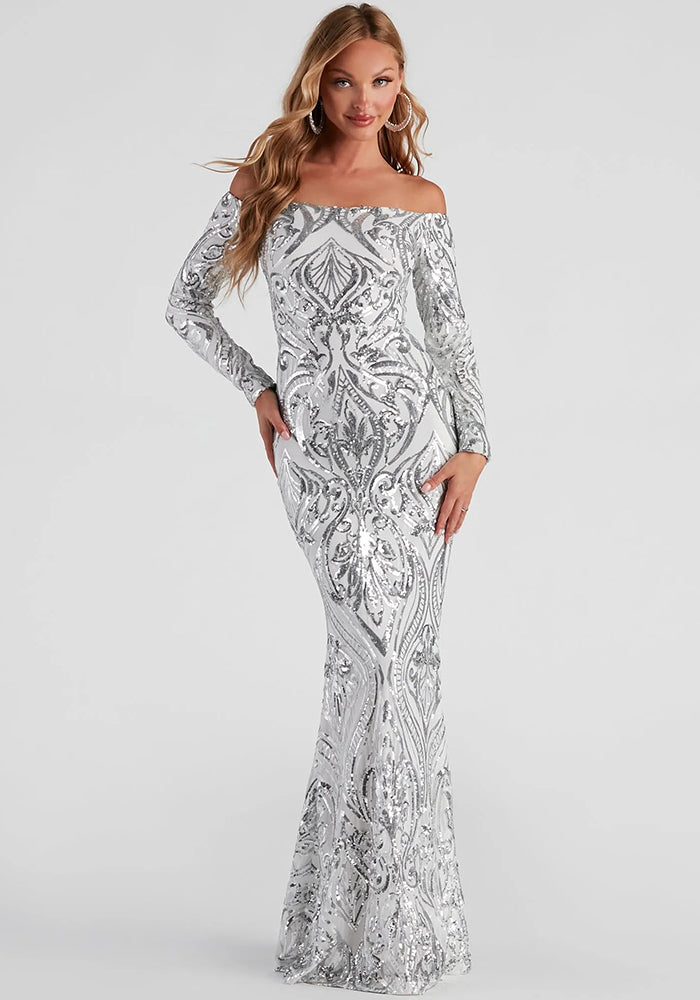 Summer Chic Sequin Sexy Off Shoulder Formal Party Evening Long Dress