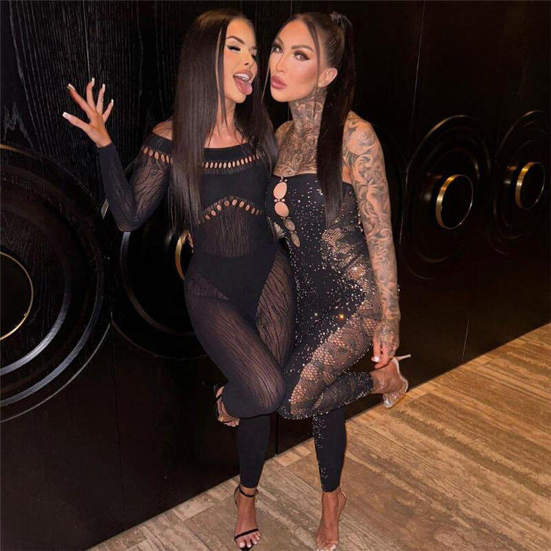 Autumn Women Sexy Off Shoulder Hollow knitting Jumpsuit 3