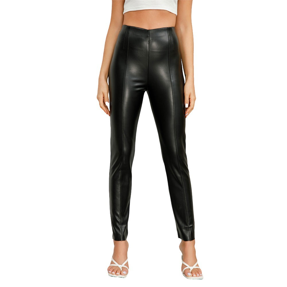 Trendy Fashion Tight Fitting Velvet Pu Leather Pants Women's Spring and Autumn Trousers 7