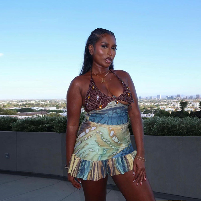 Summer Women sexy print backless strapless top and skirt two-piece suit 3