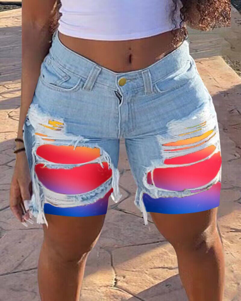 Spring Summer Patched Ripped Mid Women's Denim Shorts 5