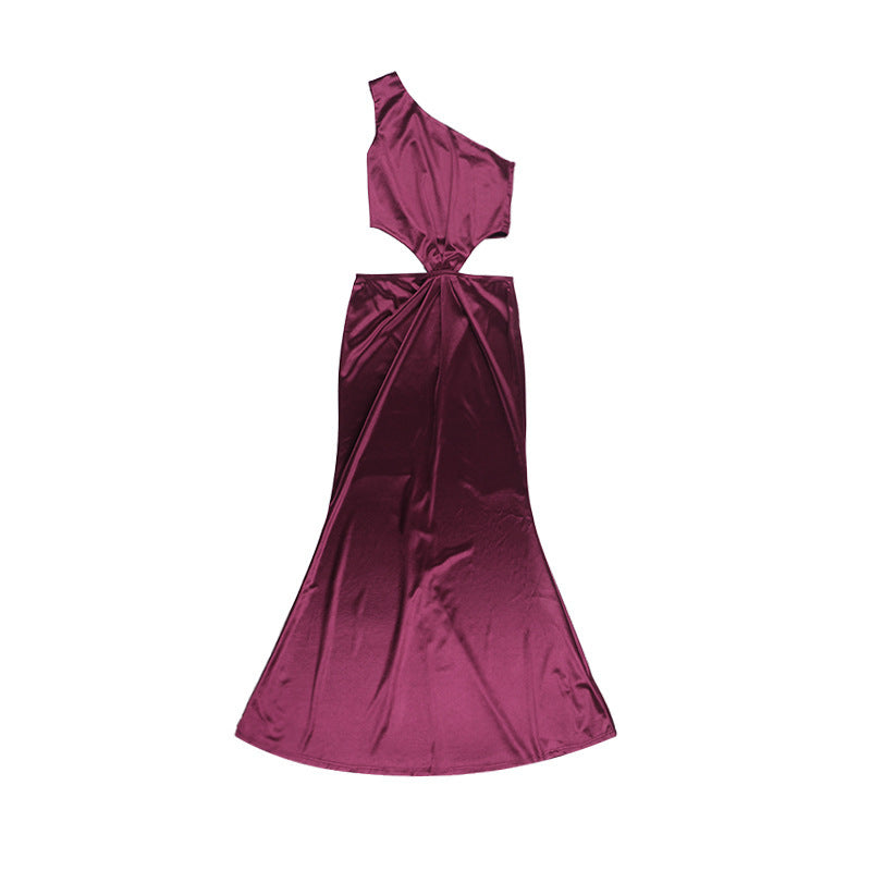Sexy One Shoulder Hollow-Out Satin Maxi Dress Chic Gown 11