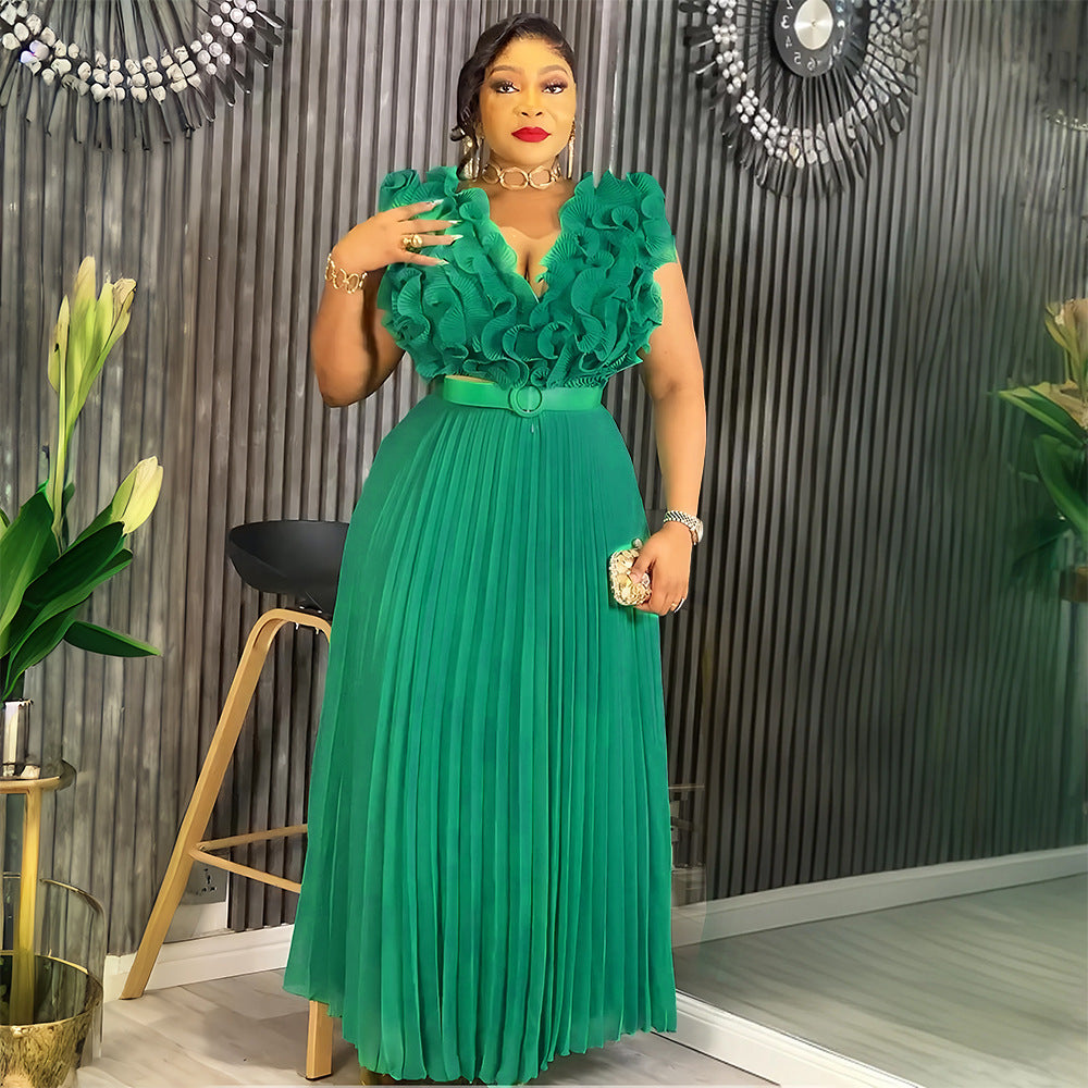 Women's African Plus Size Floral Sleeveless High Waist Pleated Gown Chic Dress 5