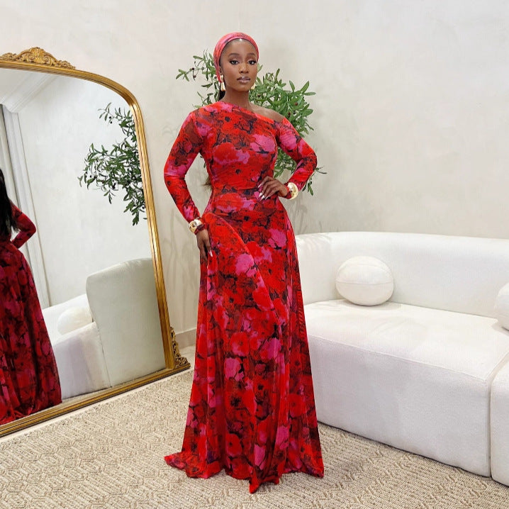 Women Elegant Career Stretch Slash Shoulder Dress