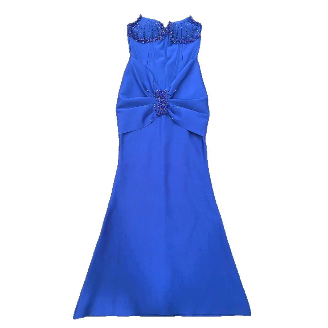 Women Sapphire Blue Beaded Embroidery Strapless Party Evening Dress 6