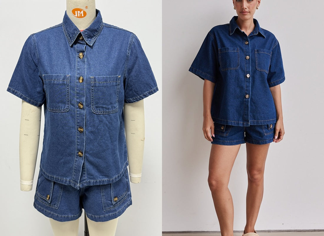 Summer Women's Casual Loose Denim Shirt Shorts Set 21