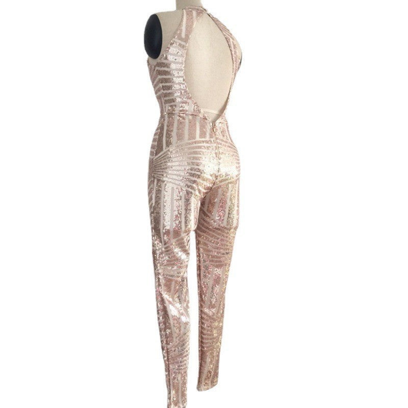 Women's Round Neck Low Back Halter Neck Sleeveless Bodycon Sequin Jumpsuit 14