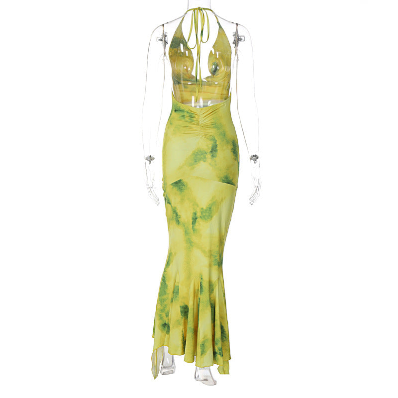 Women's Autumn Chic Style Halter Neck Deep V Print Long Dress 6