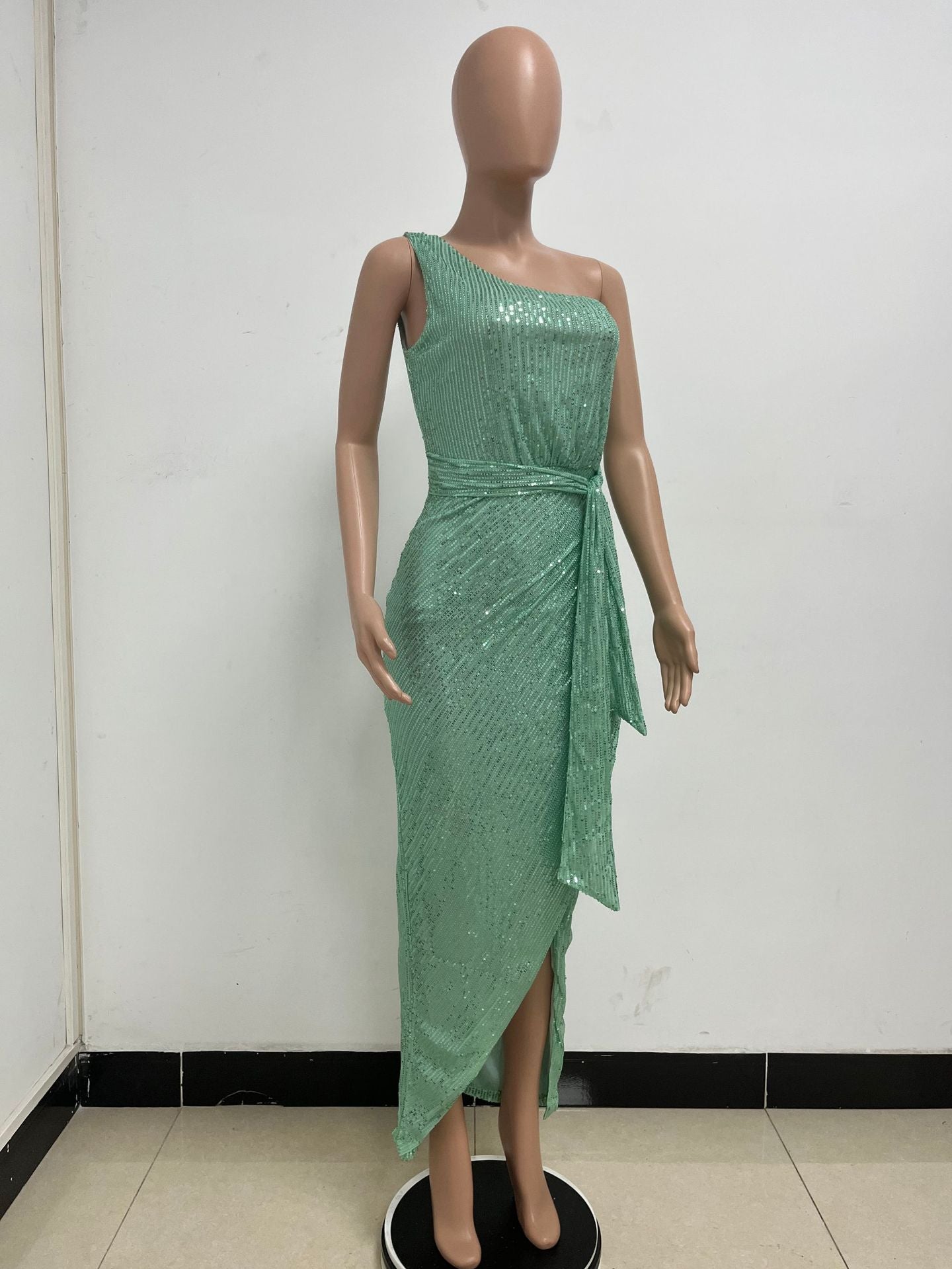 Women's One-Shoulder Lace-Up Sequined Evening Dress 94