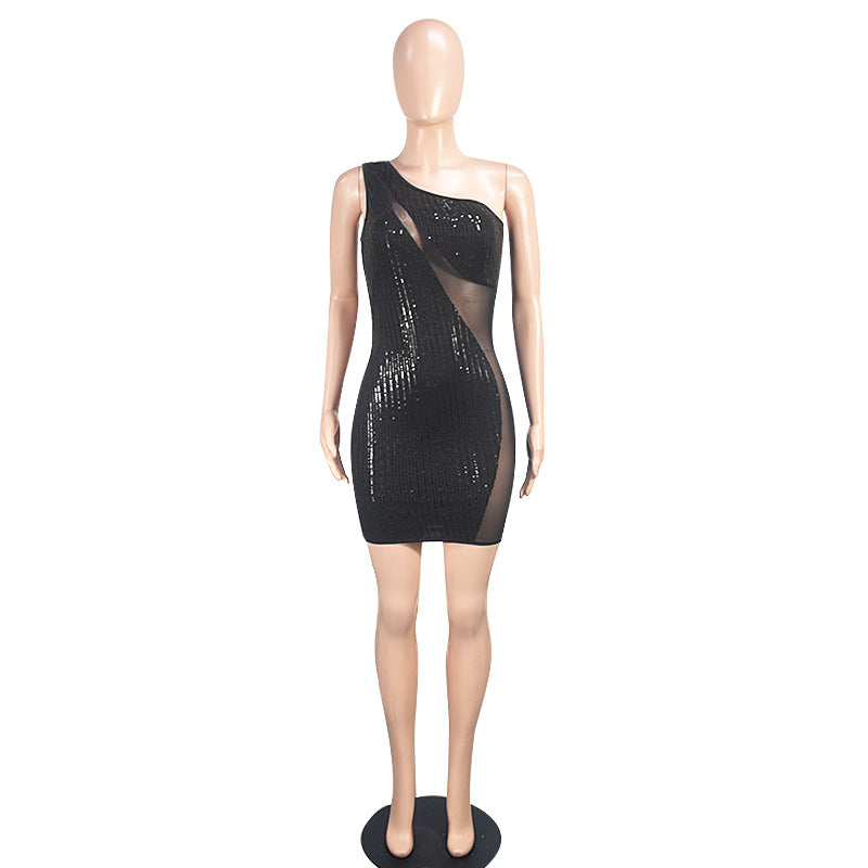 Women's Slash Shoulder Sequin Mesh Sexy Nightclub Fashion Bodycon Dress 7