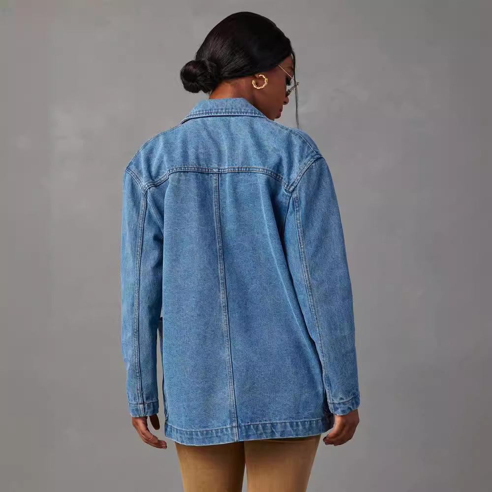 Retro Light Blue Turndown Collar Washed Denim Jacket 3