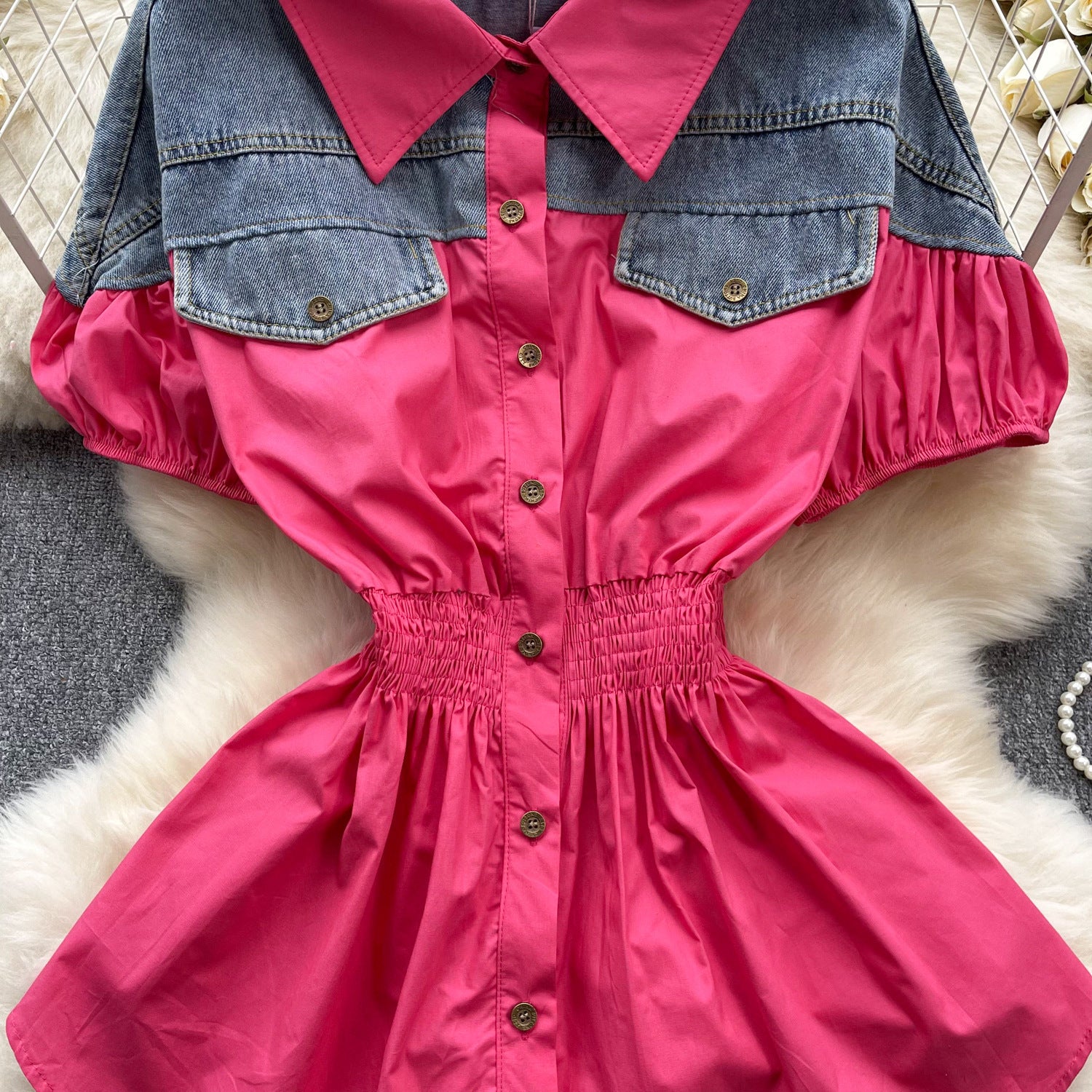 Women Contrast Patchwork Puff Sleeve Stretch Shirt 44