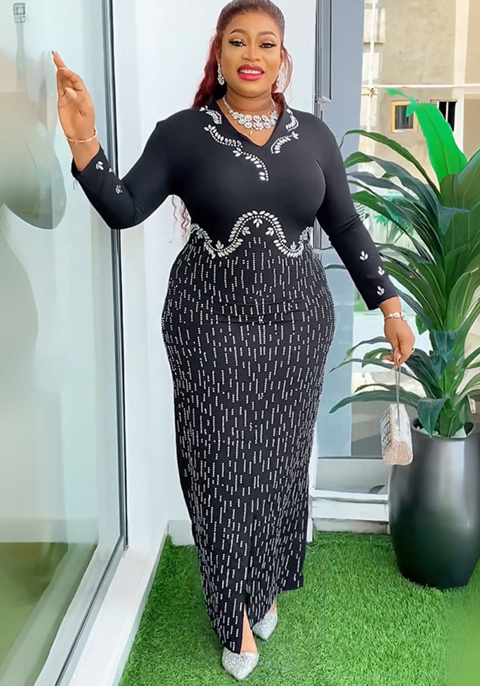 Africa Plus Size Women's Beaded V-Neck Bodycon Chic Elegant Dress