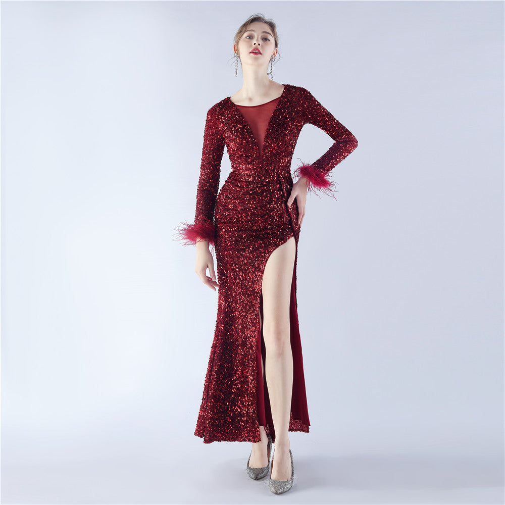 Women Sequined Ostrich Feather Long Sleeve Evening Gown 15