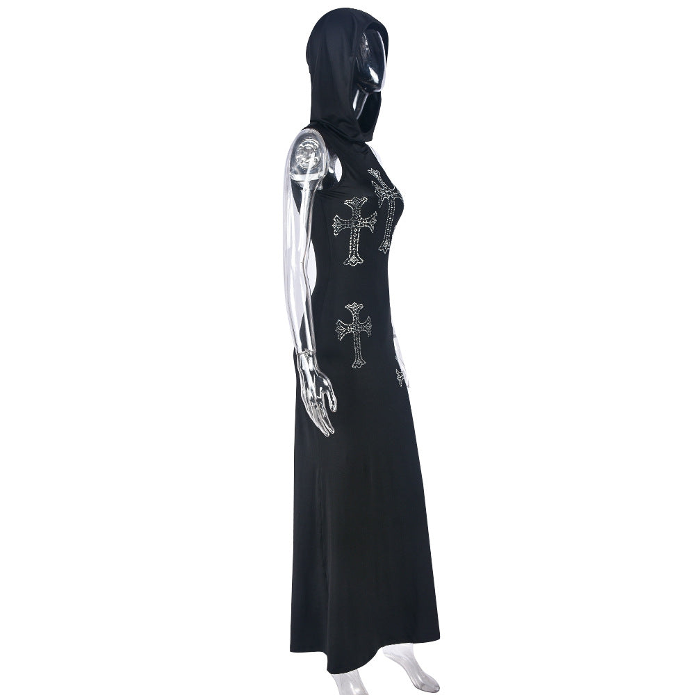 Women Cross Hot Rhinestone Style Hooded Sleeveless Maxi Dress 9