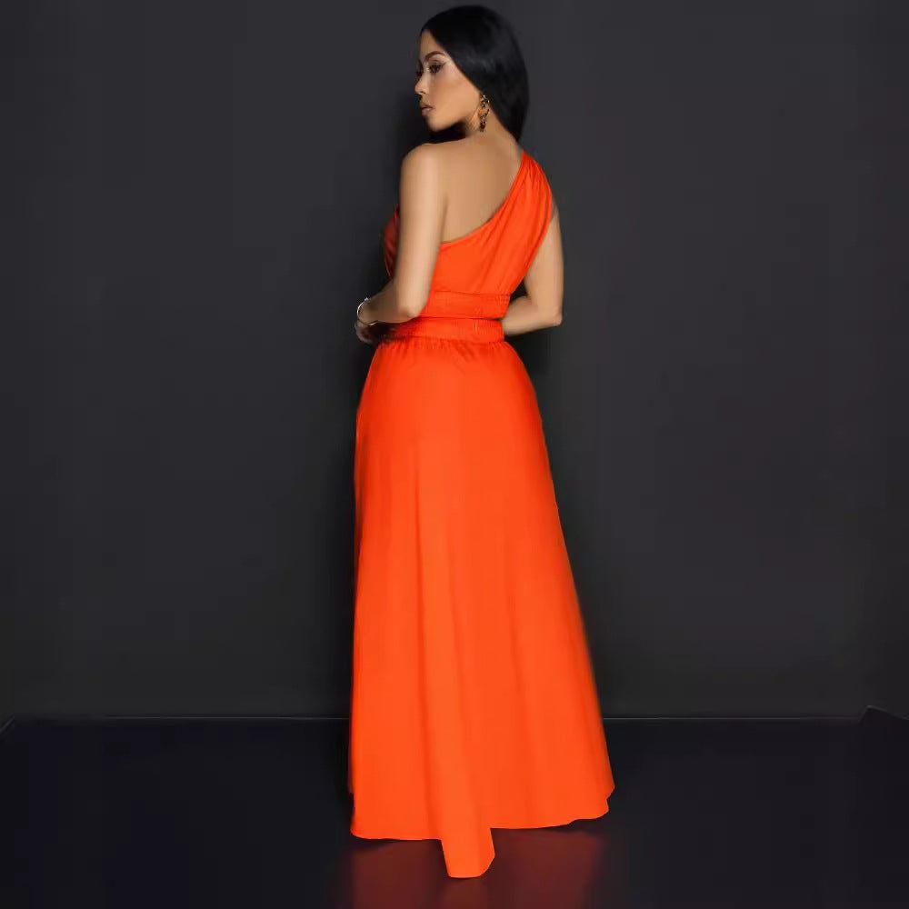 Women Slash Shoulder Slit Sleeveless Top and Skirt Two-piece Set 4