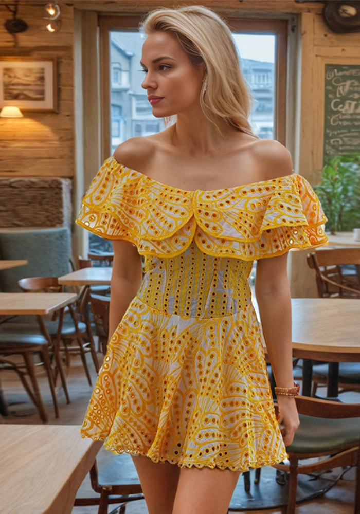 Women Holidays Off Shoulder Embroidered Ruffle Dress