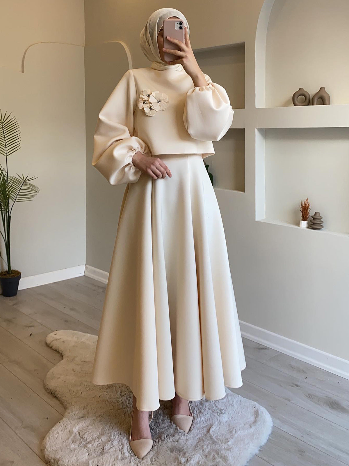 Spring Dubai Floral Lantern Sleeve Loose Dress Women's Skirt Two-Piece Set 8