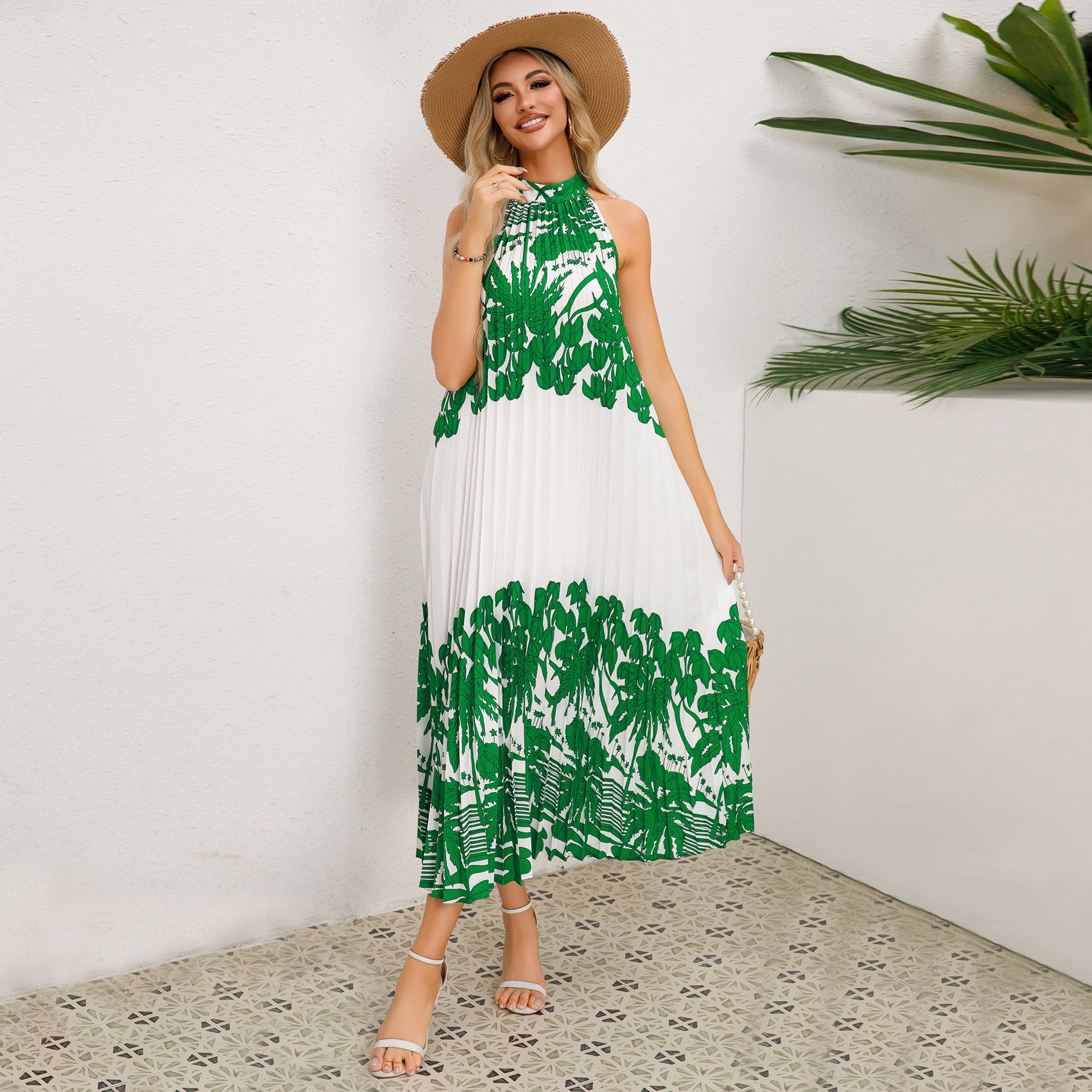 Women Stand Collar Sleeveless Pleated Print Dress 4