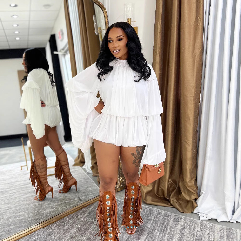 Women's Casual Solid Color Shorts & Round Neck Lantern Sleeve Top Two-Piece Set 4