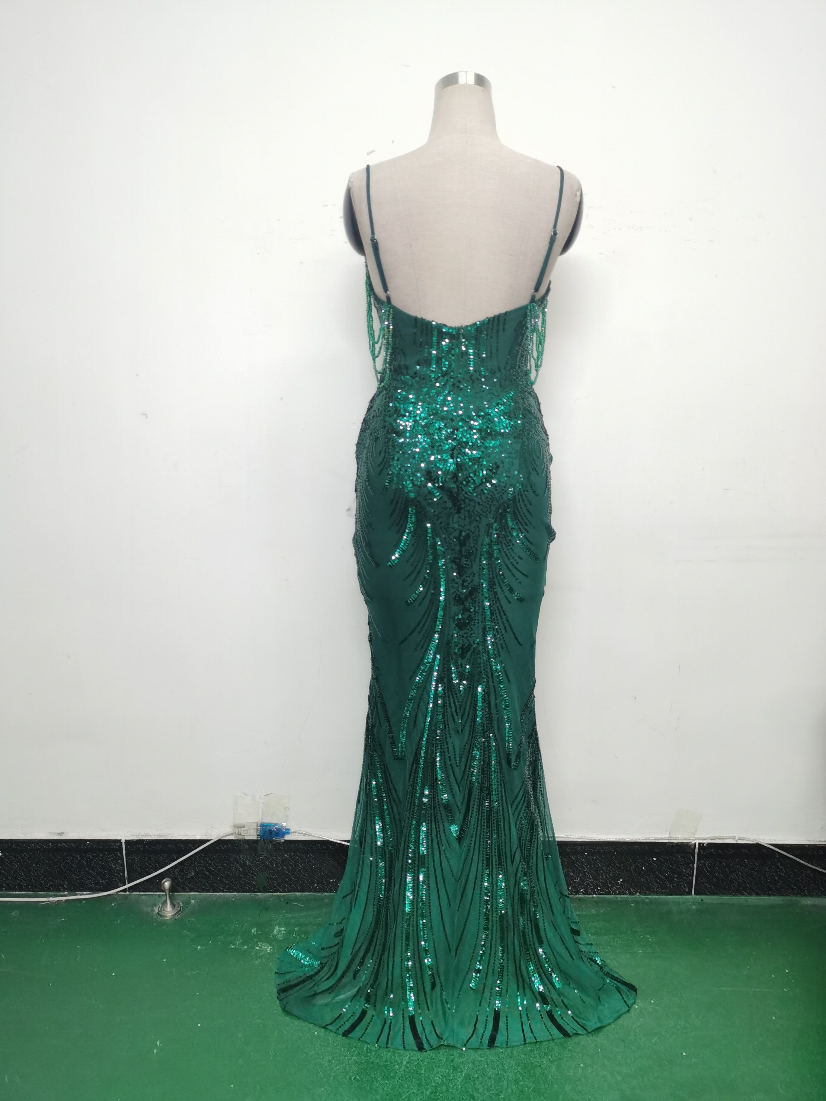 Fishbone Slim Waist Sexy Rhinestone Chain Strap Evening Dress 26