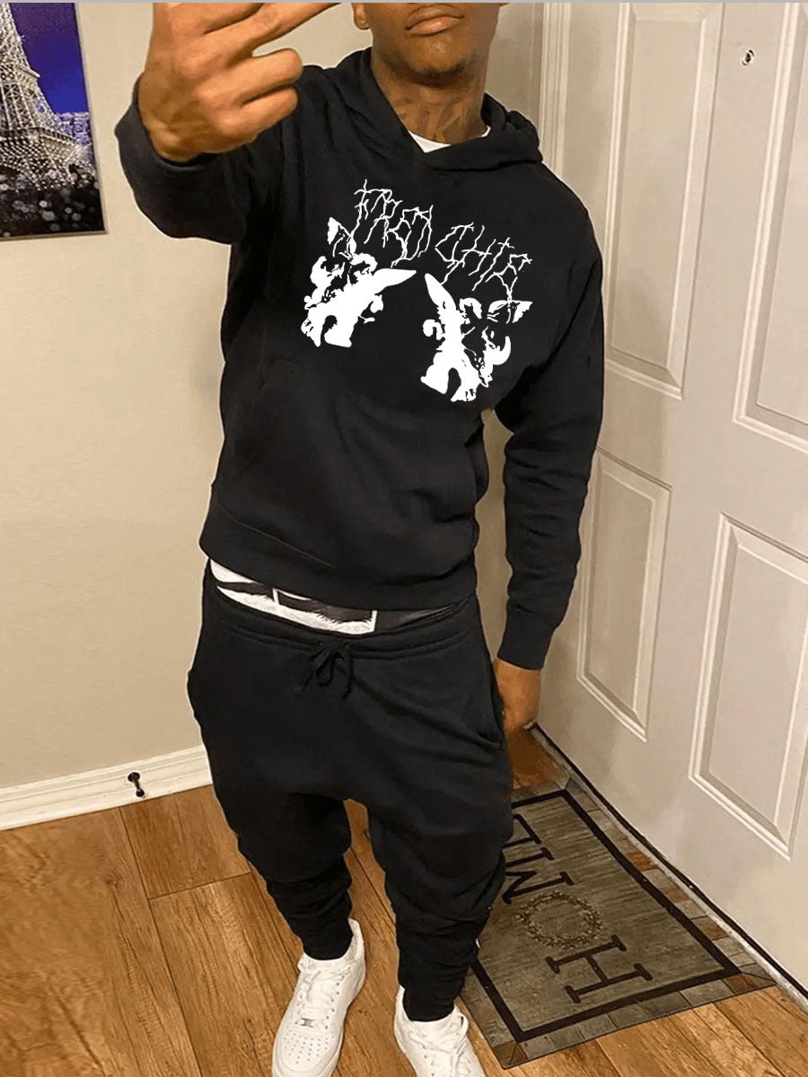 Men's Casual Printed Hoodies and Sweatpants Two-piece Set