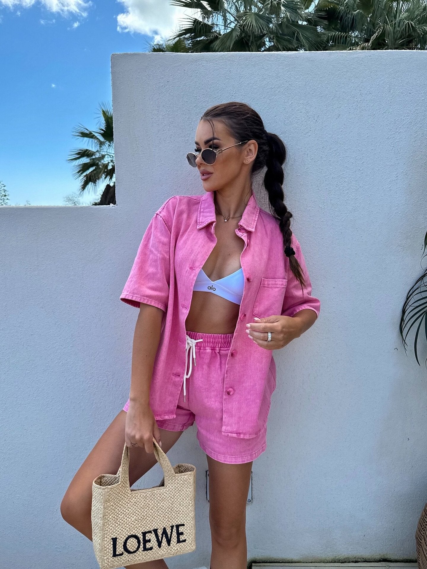 Women Summer Casual Short Sleeve Shirt and Denim Shorts Two Piece Set