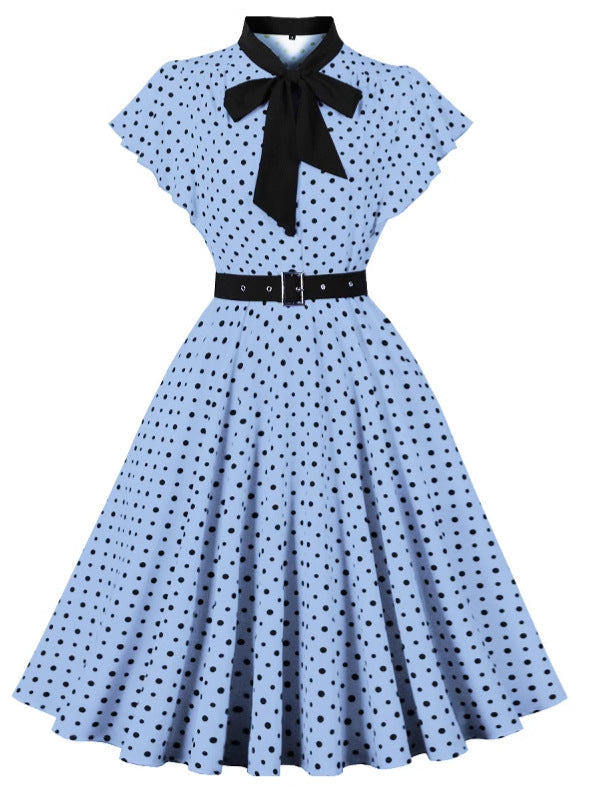 Women's Short-Sleeve Round Neck Knee-Length Retro Polka Dot A-line Dress 6