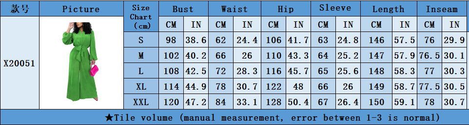 Fashion Women's Lantern Sleeve Solid Color Slim Waist Tie-Front Wide-Leg Jumpsuit 7