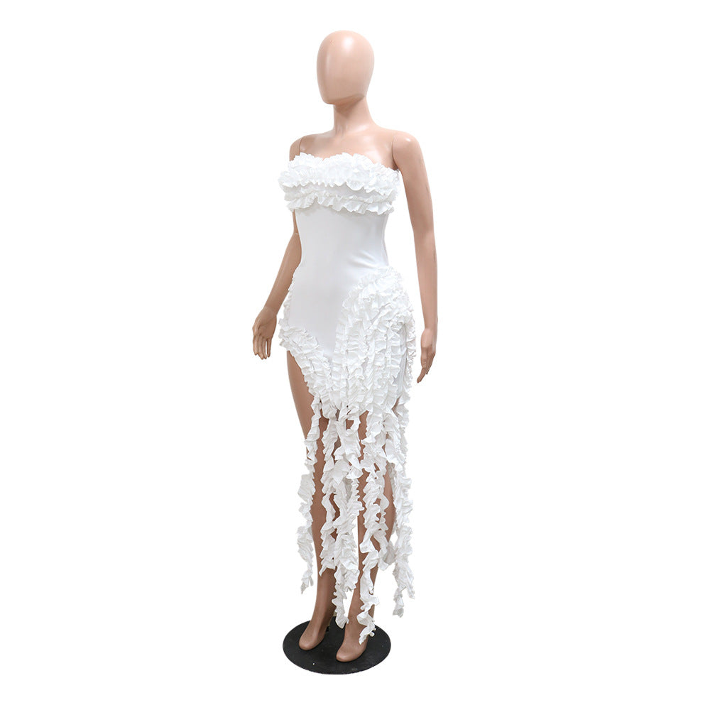 Strapless Solid Color Dress Sexy Irregular Fringed High Slit Dress 7