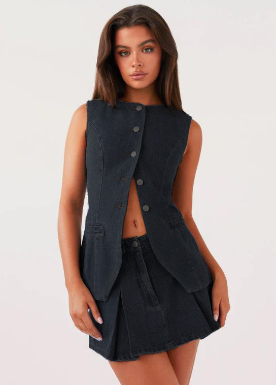 Summer Fashion Casual Sleeveless Denim Vest High Waist Short Skirt Women's Two Piece Set 3