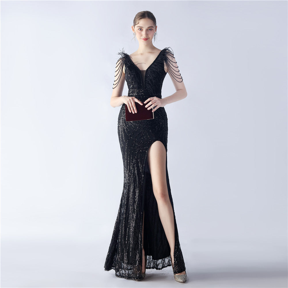 Elegant Feather And Beaded Long Sequined Evening Dress 24