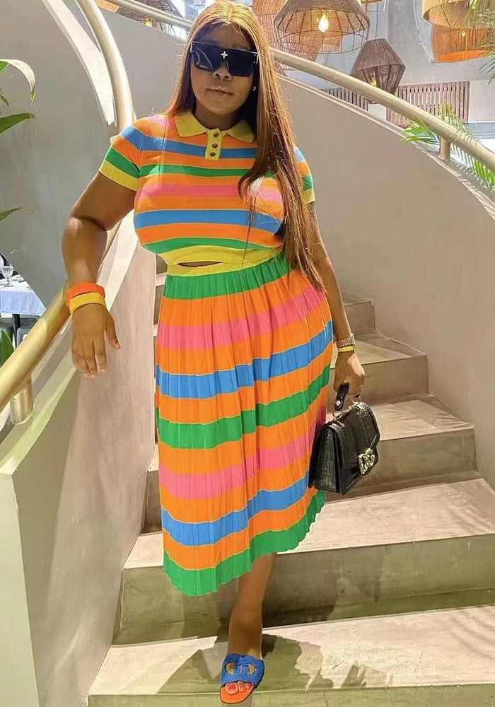 Women Spring and Autumn Rainbow Striped Short Sleeve Top + Pleated Skirt Two-piece Set