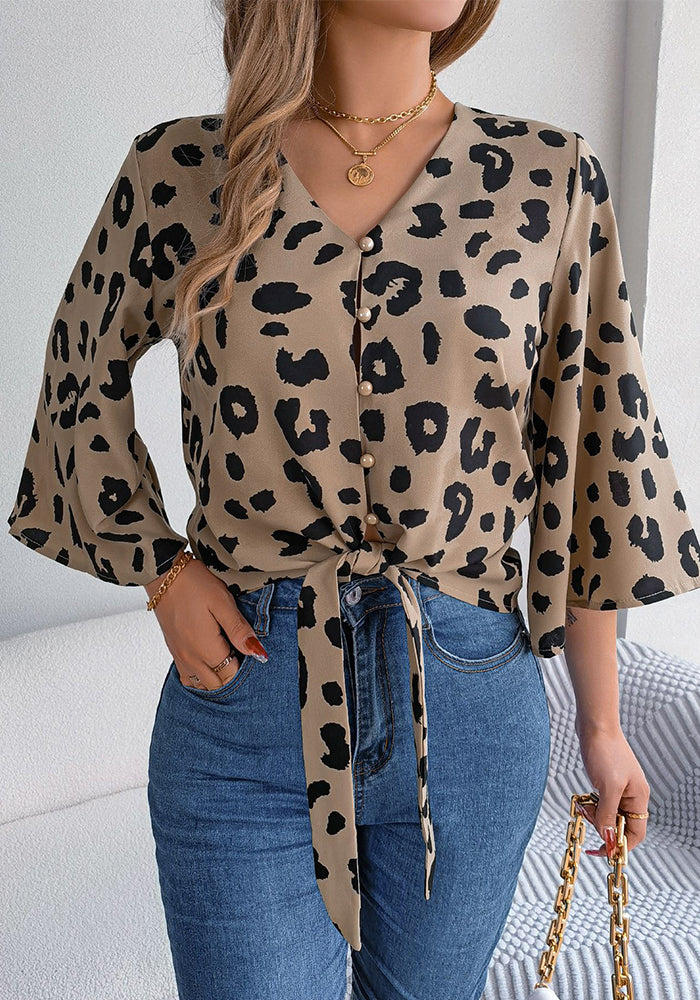 Women Casual Leopard Print Lace Up Chiffon Top
