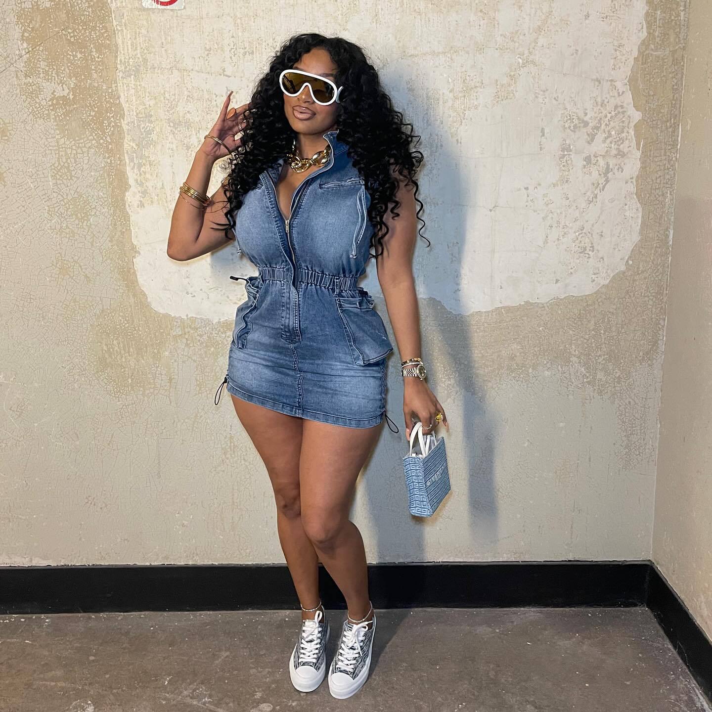 Women Short Sleeve Stretch Bodycon Denim Dress 3