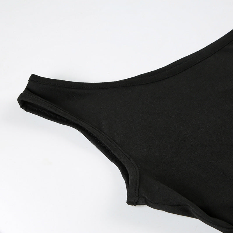 Women American asymmetrical off-shoulder metal button streamer Tank Top 12