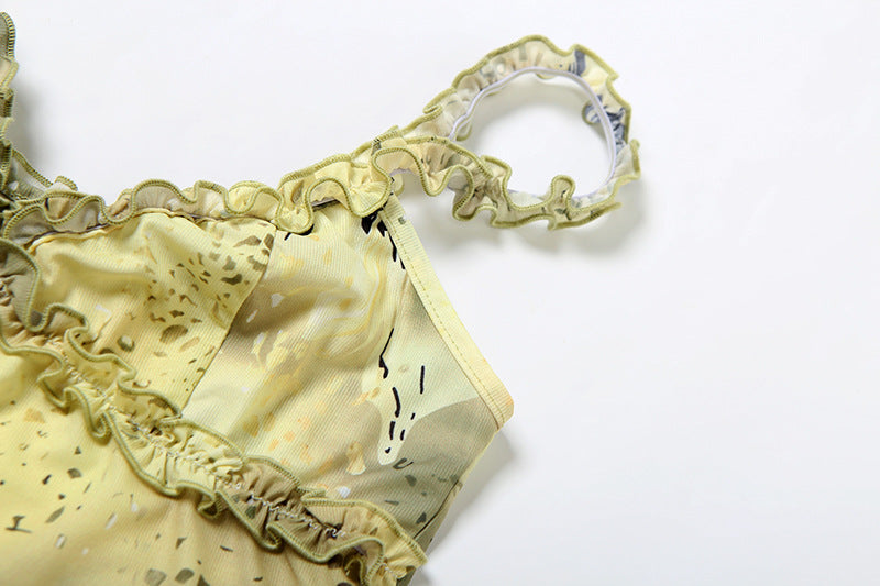 Fashion Women's V-Neck Low-Cut Camisole with Ruffle Edge Floral Print Skirt Set 12