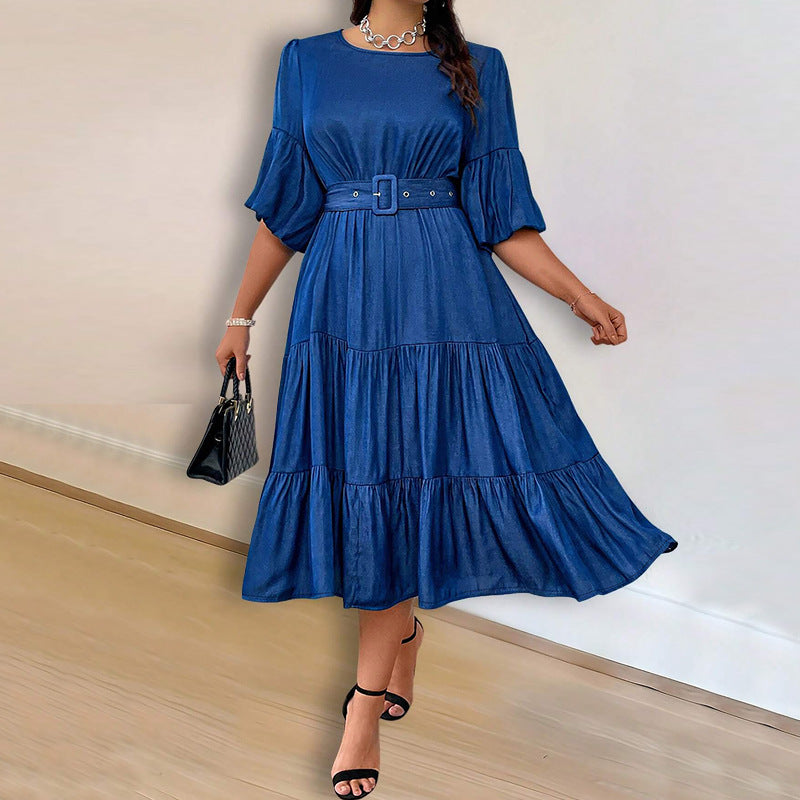 Women's Puff Sleeve Round Neck Fashion Denim Dress