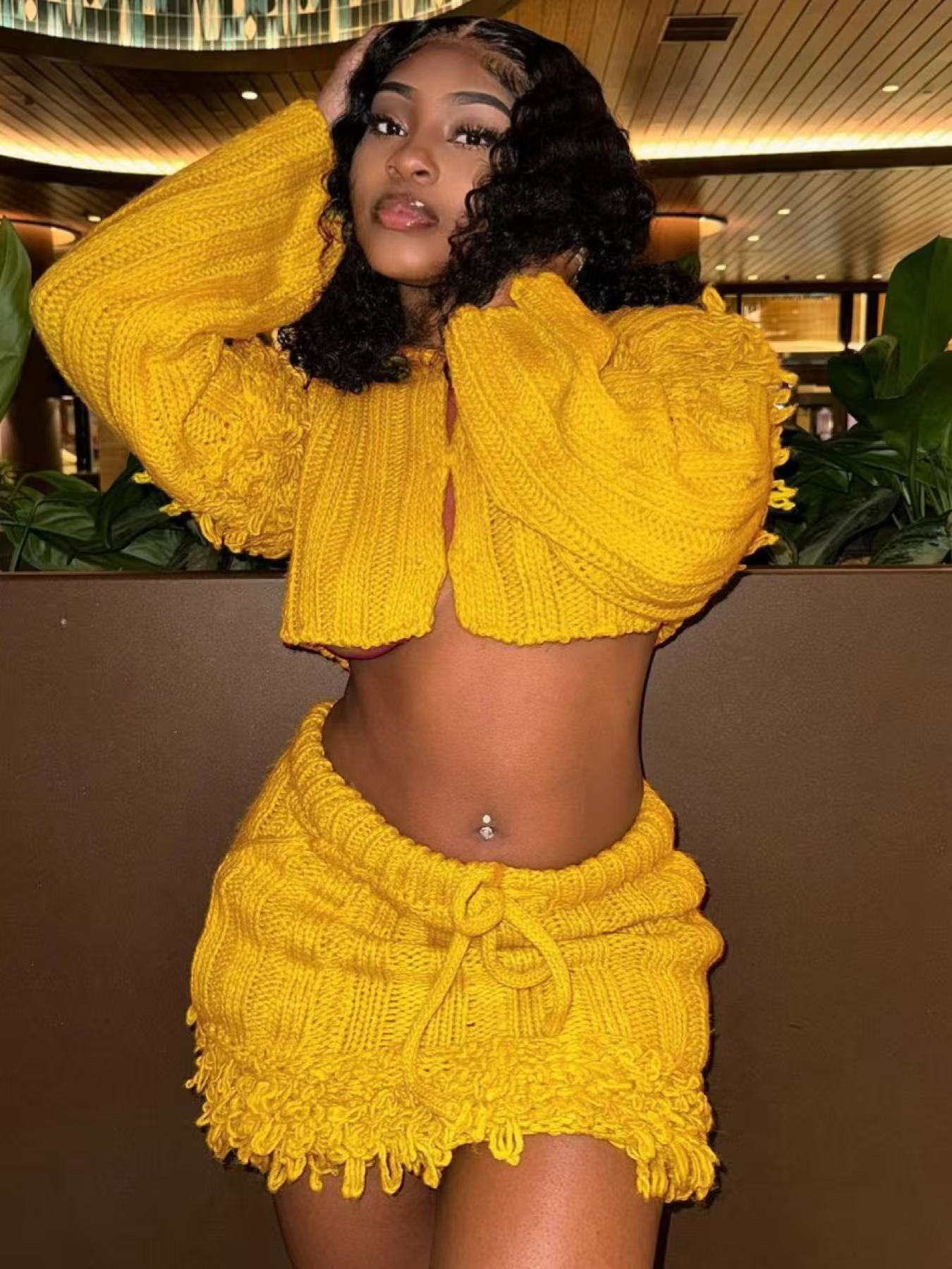 Women Casual Solid Long-Sleeved Tassel Crop Top and Skirt Two-Piece Set 4