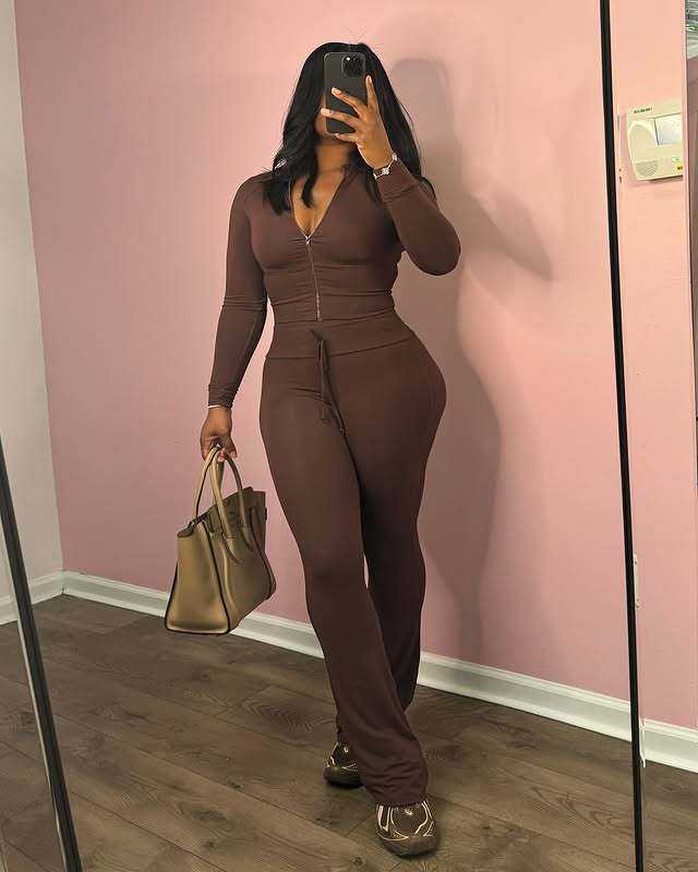 Long Sleeve Slim Zipper Top  Elastic Butt Lift Bell Bottom Pants Casual Set 4