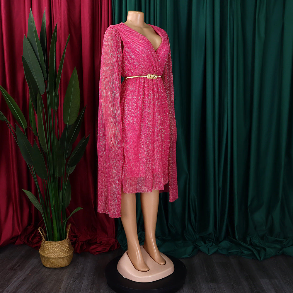 Belted V-Neck Chic Long Sleeve Cape Slim Waist Gown Dress 36