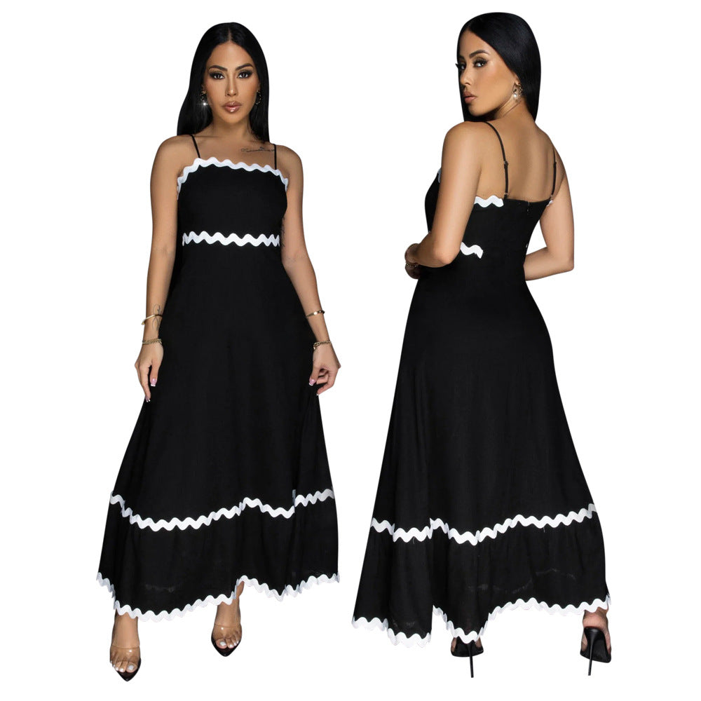 Women Strap Solid Wave Ribbon Patchwork Solid Strap Dress 12