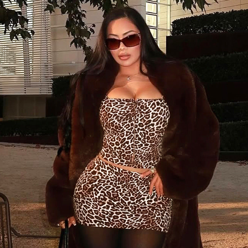 Women Leopard Print Sleeveless Hook-and-loop Vest Top And Skirt Two-piece Set 4