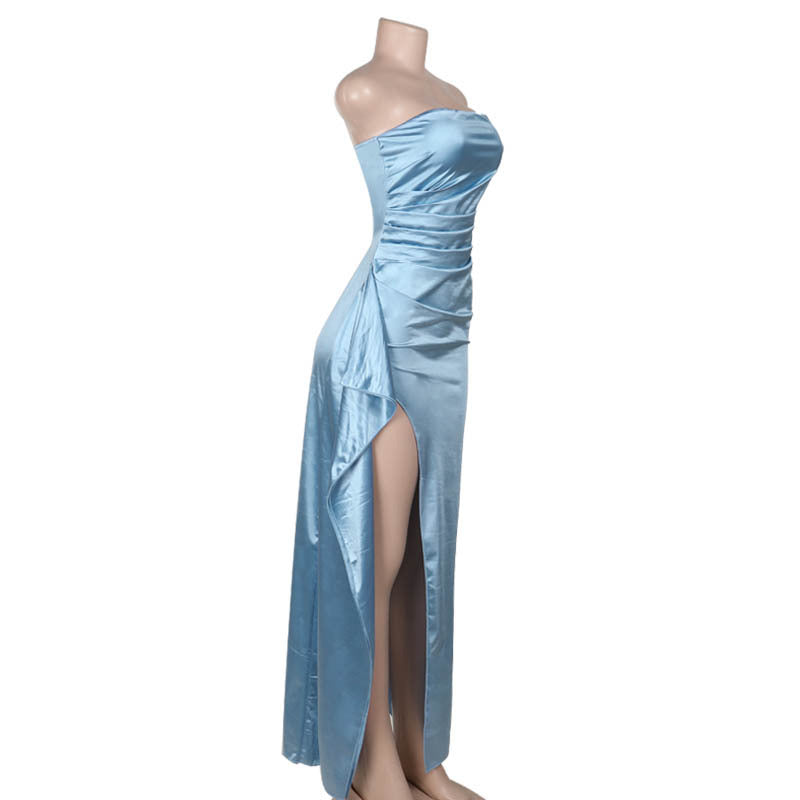 Summer Fashion Sexy Strapless Elastic Pleated Slit Dress 10