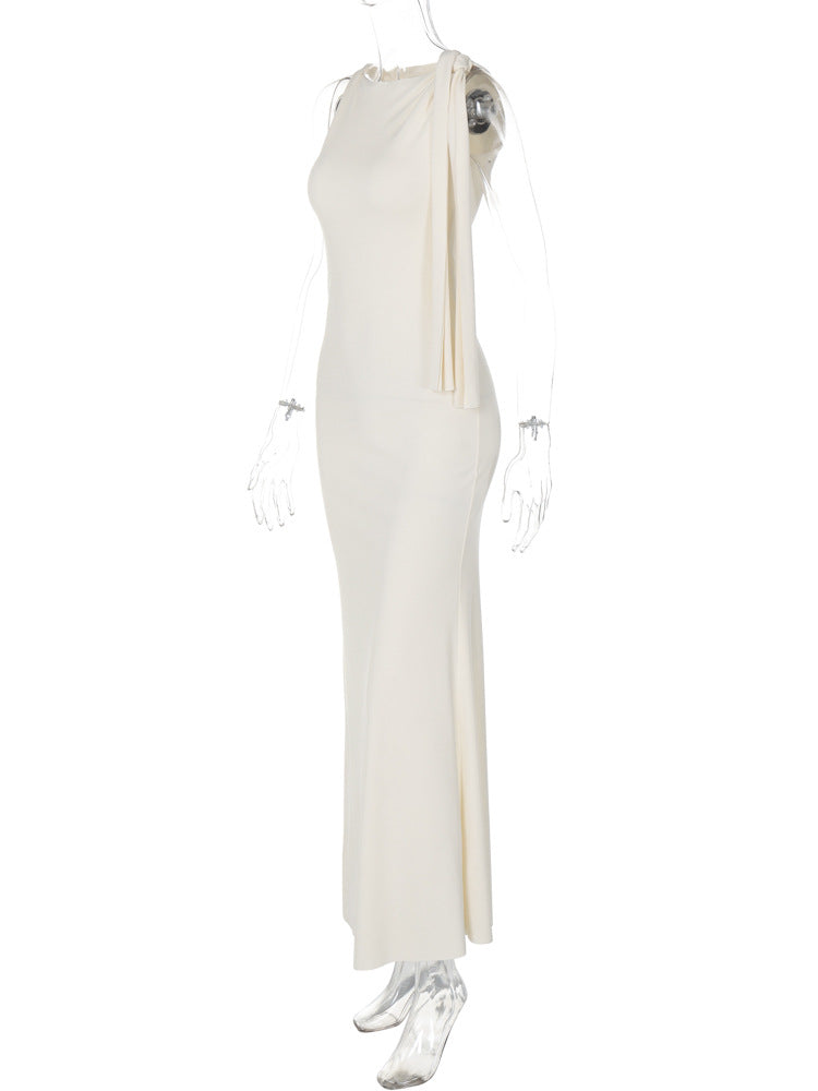 Women French Asymmetric Off-shoulder Lace-Up Bodycon Dress 8